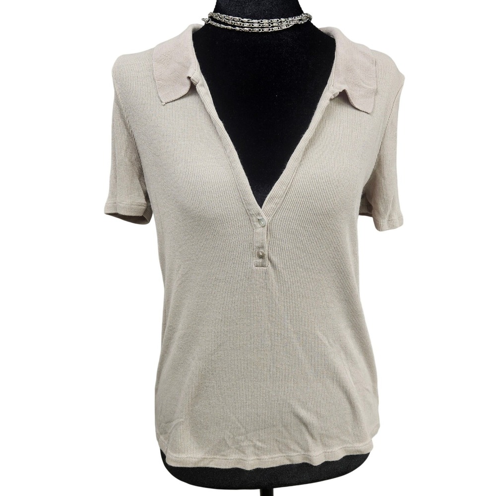 Zara Womens Beige Ribbed Knit Short Sleeve V-Neck Polo Shirt Size S